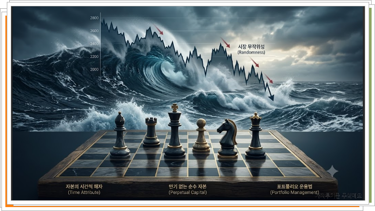 하락장의 변동성을 비유한 파도 그림과, 그에 대비하는 분산분할전략을 체스판에 비유한 그림