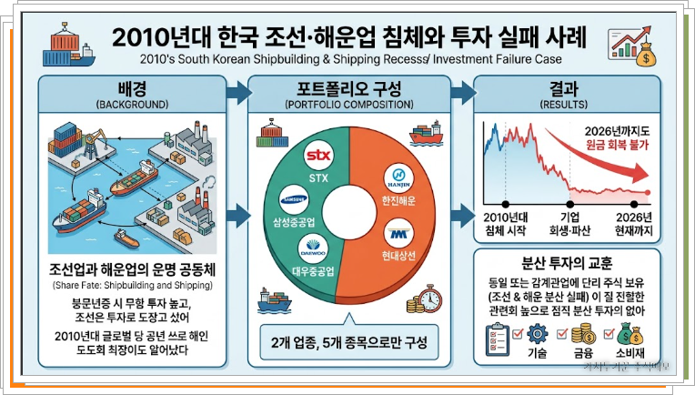 2010년대 한국 조선 해운업 침체와 투자실패 사례를 , 실패의 원인,  포트폴리오의 잘못된 구성, 그 결과 및 교훈으로 구성한 자료 그림. 
