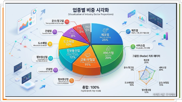 상호보완적 분산투자와 업종간 순환매매가 가능한 주식 포트폴리오 비중에 대한 예시 그래프. 원영밴다이어그램과 그물망차트. 