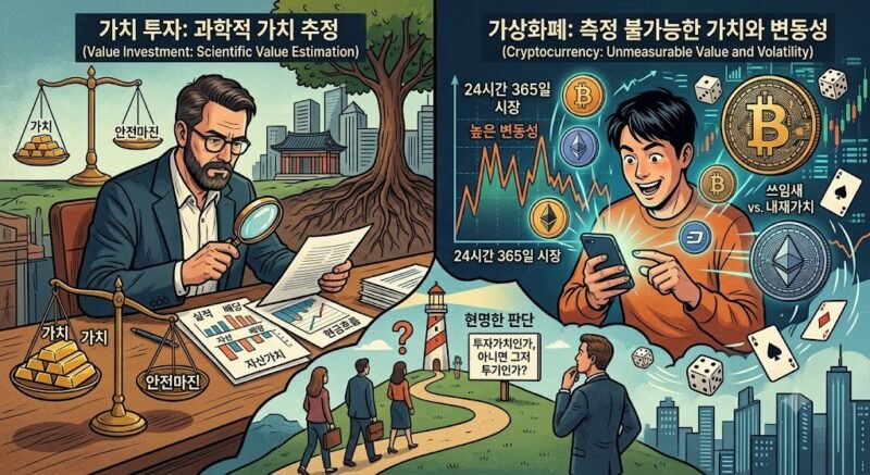 기업의 가치 분석에 기반한 전통적 투자와 가상화폐의 급격한 변동성에 베팅하는 투기적 행태를 상징적으로 대비시킨 일러스트레이션.
