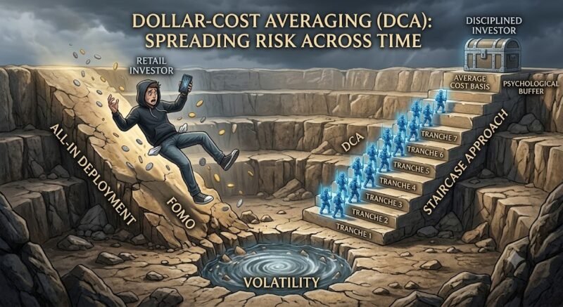 A conceptual visualization contrasting two investment approaches in a volatile market. The scene is a dramatic cross-section of stone terraces under a stormy sky, similar in texture to image_17.png and image_20.png. On the left, a stylized 'RETAIL INVESTOR' is shown falling headfirst down a precarious, broken path labeled 'ALL-IN DEPLOYMENT' and 'FOMO', losing capital as coins fly everywhere. On the right, a second visualization shows the 'DISCIPLINED INVESTOR', represented by a well-organized phalanx of small, glowing blue soldiers (like the defense lines in image_20.png), marching up a broad, sturdy, ascending stone staircase labeled 'STAIRCASE APPROACH' and 'DCA'. Each step of the staircase is labeled with an amount: 'TRANCHE 1', 'TRANCHE 2', 'TRANCHE 3', and so on. The staircase structure is rock-solid, rising above the treacherous market volatility pool below. Large text above reads: 'DOLLAR-COST AVERAGING (DCA): SPREADING RISK ACROSS TIME'.