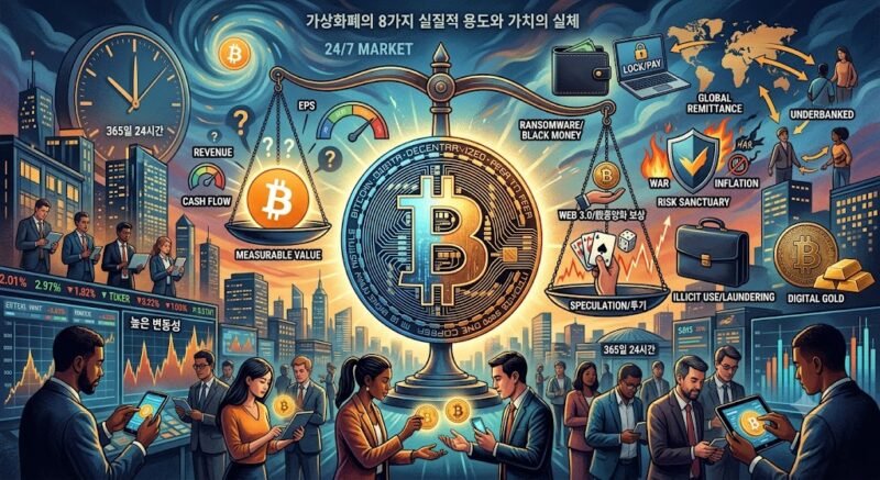24시간 365일 쉼 없이 돌아가는 가상화폐 시장의 높은 변동성과 비트코인의 8가지 실질적 용도를 시각화한 상징적인 일러스트레이션