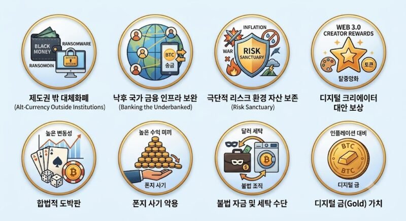 비트코인과 가상화폐가 시장에서 실제로 기능하는 8가지 용도를 각각의 상징적인 인포그래픽 아이콘으로 간결하게 표현한 레이아웃 그림