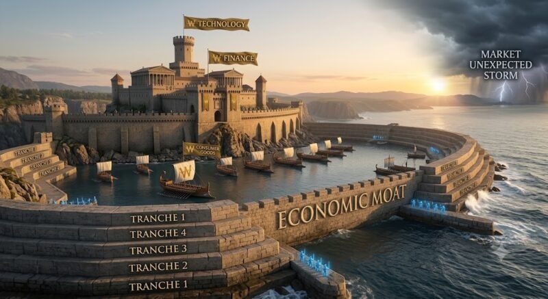 A grand cinematic visualization of a robust financial empire. In the center sits a majestic stone citadel representing the 'PORTFOLIO' and 'CAPITAL', surrounded by deep, swirling blue water labeled 'ECONOMIC MOAT'. Surrounding the citadel are multiple layered defensive walls built of stone blocks, styled after the staircase tiers from image_32.png, with visible inscriptions reading 'SECTOR DIVERSIFICATION' and 'STAIRCASE DCA STRATEGY'. In the calm inner harbor, a disciplined fleet of ships flies flags representing 'TECHNOLOGY', 'FINANCE', and 'CONSUMER GOODS', remaining perfectly stable and unharmed. In the far distance, a dark, turbulent storm with lightning labeled 'MARKET UNEXPECTED STORM' rages over a separate rocky coastline, but its waves break harmlessly against the outer sea walls of the citadel. The lighting is a triumphant sunrise, illuminating the secure layout. Large text across the bottom states: 'BUILDING AN ECONOMIC MOAT: DUAL-LAYERED RISK MANAGEMENT'.