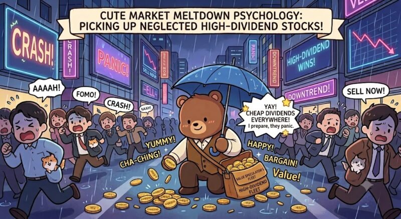 A cute cartoon illustration depicting a chaotic, rainy nighttime financial district. Panicked crowds of people (some with hamsters and cats in their pockets) are running away from falling graphs, with text bubbles saying 'AAAAH!', 'FOMO!', 'CRASH!', and 'SELL NOW!'. Large neon signs on buildings display 'CRASH!', 'PANIC!', 'DOWNTREND!', and falling graphs. In the center, a calm brown bear (the 'Value Speculator') wearing a waistcoat and holding a blue umbrella is happily kneeling and scooping up a pile of golden coins labeled 'DIVIDEND' and 'GOLD COIN'. His satchels are labeled 'VALUE SPECULATOR'S FLEET' and 'DIVIDENDS'. His speech bubbles read: 'YAY! CHEAP STOCKS! REAL VALUE!' and 'I prepare, they panic.'. The entire scene is titled at the top with a banner that reads: 'A SIMPLE GUIDE: FINDING VALUE IN A DOWNTURN.'. Humorous effect words like 'CHA-CHING!', 'BARGAIN!', and 'Value!' surround the bear. Falling graph displays are visible on multiple screens. The image has a cute, comedic, and illustrative feel.