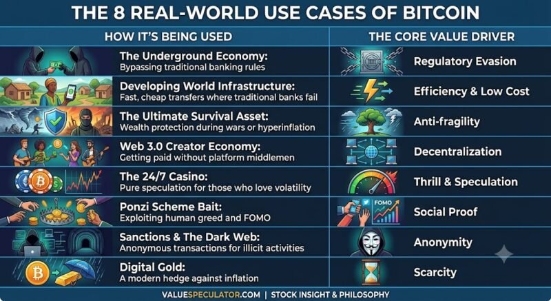 An infographic detailing the 8 real-world use cases of Bitcoin, mapping practical utilities like digital gold and the creator economy to core value drivers like scarcity and decentralization.