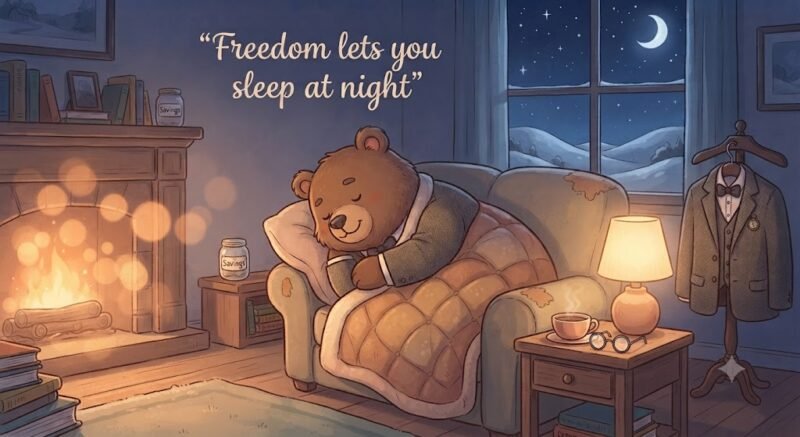 A charming cartoon illustration showing the gentleman bear from image_15.png, now deeply asleep and relaxed under a warm blanket in a cozy armchair by a fireplace. He is smiling contentedly, having laid down all burdens. Above him, the text "Freedom lets you sleep at night" is integrated in an elegant, handwritten font. This image represents the final reward of financial freedom achieved through sound value investing principles, strict risk management, and avoiding debt. The art style is warm, peaceful, and inviting.