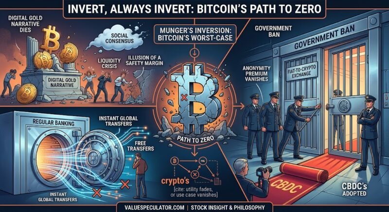 An infographic illustrating Charlie Munger's inversion rule applied to Bitcoin, visualizing three worst-case scenarios that could drive its value to zero: a government ban, technological obsolescence by traditional banks, and a psychological collapse of the digital gold narrative.