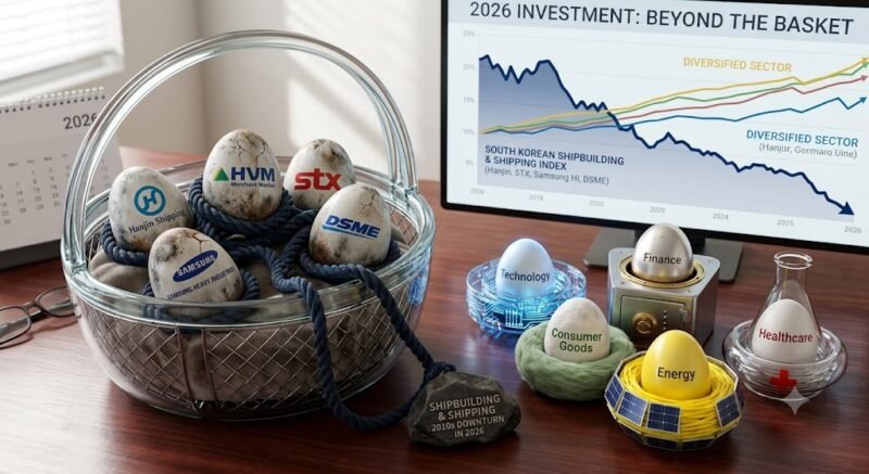 A detailed 2026 visualization contrasting correlated and diversified portfolios. On the left, a fragmented wooden structure labeled 'CORRELATED PORTFOLIO: SHIPBUILDING & SHIPPING DOWNTURN' holds five cracked, weathered, rusted 'eggs.' All five—distinctly labeled 'Hanjin Shipping,' 'Hyundai Merchant Marine,' 'STX,' 'Samsung Heavy Industries,' and 'DSME'—are tightly bound together by a thick, dark ship's rope, emphasizing high correlation. To the right, four separate, pristine 'nest' structures represent 'TRUE DIVERSIFICATION: INDEPENDENT SECTORS.' Each nest contains one clean egg and is made of unique materials: 'TECHNOLOGY' in glowing circuits, 'FINANCE' in a metallic safe nest with gold, 'CONSUMER GOODS' in velvet and cotton, and 'ENERGY' in yellow solar-themed materials. In the blurred background, a large digital screen contrasts downward-trending blue lines for correlated assets with distinct upward-trending lines for diversified indices.