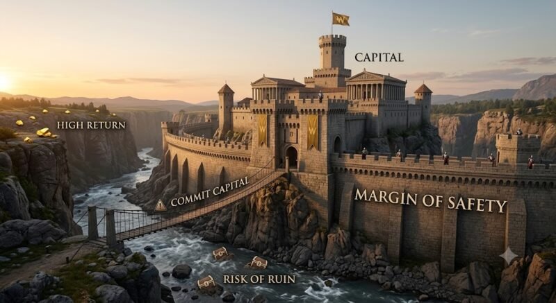 A monumental, fortified castle structure built on a secure rock plateau, symbolizing protected 'Capital'. It is protected by a massive, deep fortified stone wall labeled 'MARGIN OF SAFETY' that extends far into the landscape, with multiple defensive layers. A treacherous suspension bridge spans a canyon below, with subtle warning icons near the path to 'COMMIT CAPITAL'. Gold nuggets labeled 'HIGH RETURN' are on an opposite cliff but are hard to reach, separated by 'RISK OF RUIN' icons in the dangerous river. The composition visualizes successful risk management as a deep, defensive barrier rather than a dangerous pursuit of returns, with warm golden hour lighting and high-detail text.