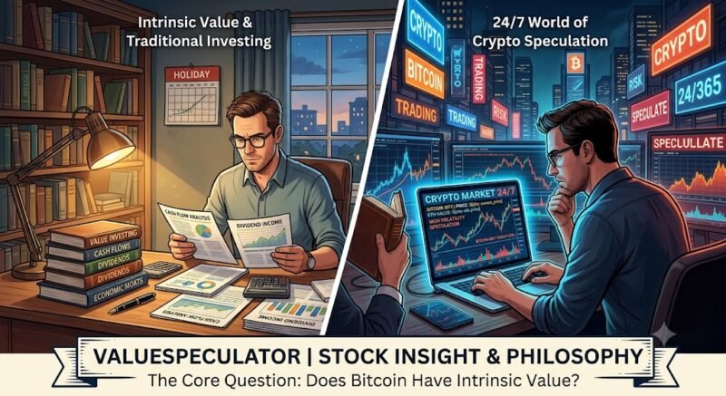 An illustration of a value investor examining a glowing Bitcoin with a magnifying glass, as traditional metrics like cash flows, dividends, and ROE dissolve into digital code against a highly volatile 24/7 cryptocurrency trading chart.