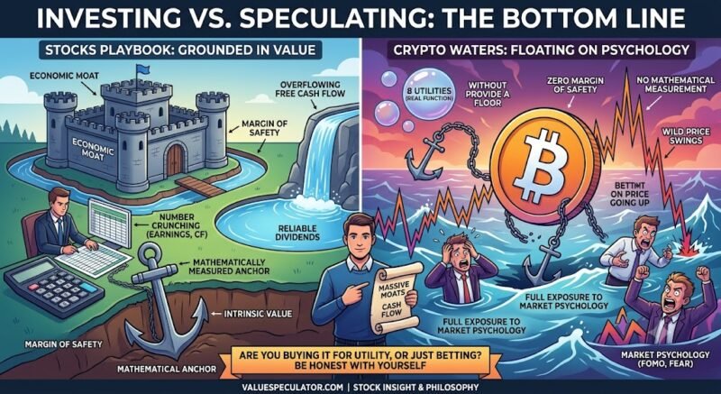 A visual comparison between traditional stock investing, anchored in measurable intrinsic value and economic moats, and cryptocurrency speculation, which floats on market psychology and wild price swings without a margin of safety.