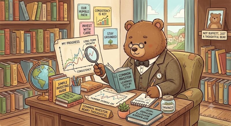 A cartoon illustration of a cute gentleman bear wearing glasses and a bowtie, sitting at a wooden desk studying value investing. Representing the everyday retail investor, the bear is surrounded by a 'Savings' jar and a chart showing 'Long-Term Growth'. The image visually captures the investment philosophy of prioritizing savings, strict risk management, and avoiding the debt trap to steadily build true financial freedom.