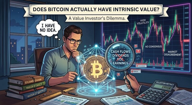 An illustration of a value investor struggling to measure the intrinsic value of Bitcoin, showing traditional metrics like cash flows and dividends as unmeasurable against a highly volatile cryptocurrency chart.