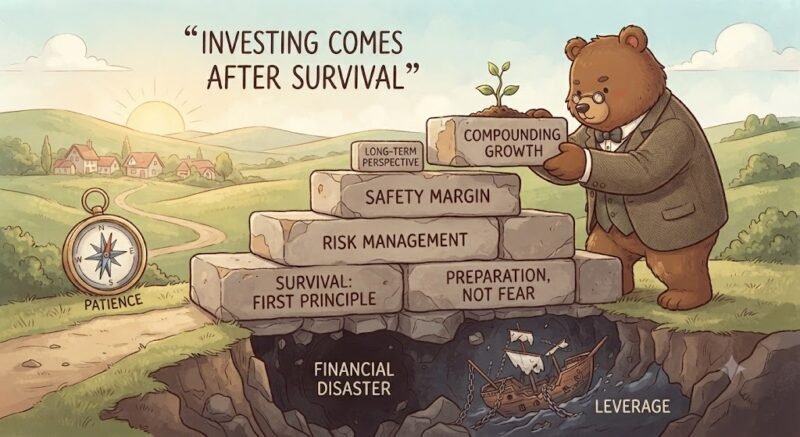 A detailed cartoon illustration visualizing the core value investing philosophy of 'survival before profit' and 'preparation over speculation'. The image shows a stylized 'Financial Foundation' being carefully constructed by the gentleman bear from image_15.png. The foundation is built on a bedrock labeled 'Survival: First Principle'. Successive stone blocks are labeled with key principles: 'Preparation, Not Fear', 'Risk Management', 'Safety Margin', and 'Long-Term Perspective'. The bear is placing the final block labeled 'Compounding Growth'. Below the foundation is a deep, dark abyss labeled 'Financial Disaster' with a sinking ship labeled 'Leverage', which are avoided. The entire structure is guided by a compass labeled 'Patience'. The art style is warm, stable, and hopeful, consistent with the storybook series.