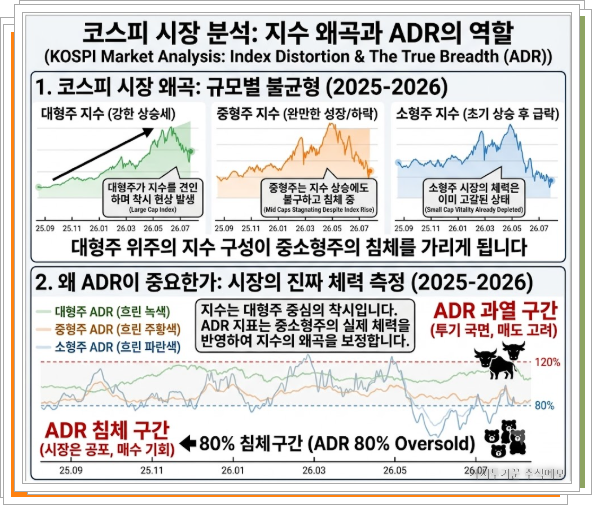 코스피 시장의 지수 왜곡 현상과 ADR(증시등락비율) 지표의 중요성을 분석한 종합 인포그래픽. 상단 차트들은 2025-2026년 기간 동안 대형주 지수만 상승하며 전체 지수를 견인하는 '착시 현상'을 시각화하며, 중·소형주가 이미 침체 국면에 진입했음을 보여줍니다. 하단 차트는 동일 기간 대형·중형·소형주 ADR을 통합하여, 지수가 고점임에도 불구하고 시장 전체 체력은 'ADR 80% 침체 구간'에 도달했음을 명확히 지적합니다. 이는 지수에 가려진 시장의 실제 공포와 숨겨진 매수 기회를 포착하는 ADR의 보정 역할을 설명합니다.